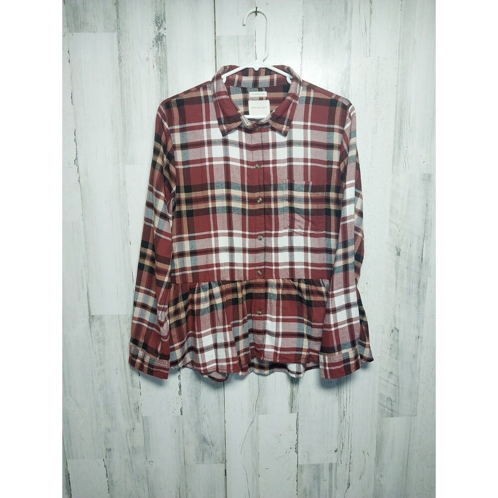 American Eagle Oversized Flannel Peplum Burgundy Plaid Top Small Soft